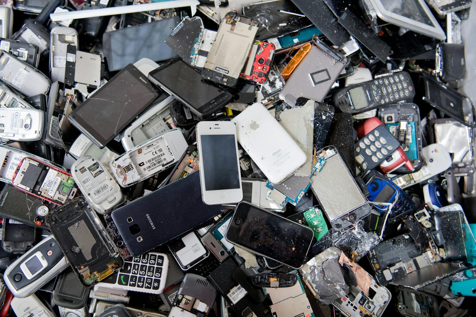 Alte Handys und Smartphones liegen in einem Container, ehe sie geschreddert werden. Seit dem 1. Juli können alte Elektrokleingeräte in Deutschland auch in den meisten Supermärkten und Discounter-Filialen zurückgegeben werden.