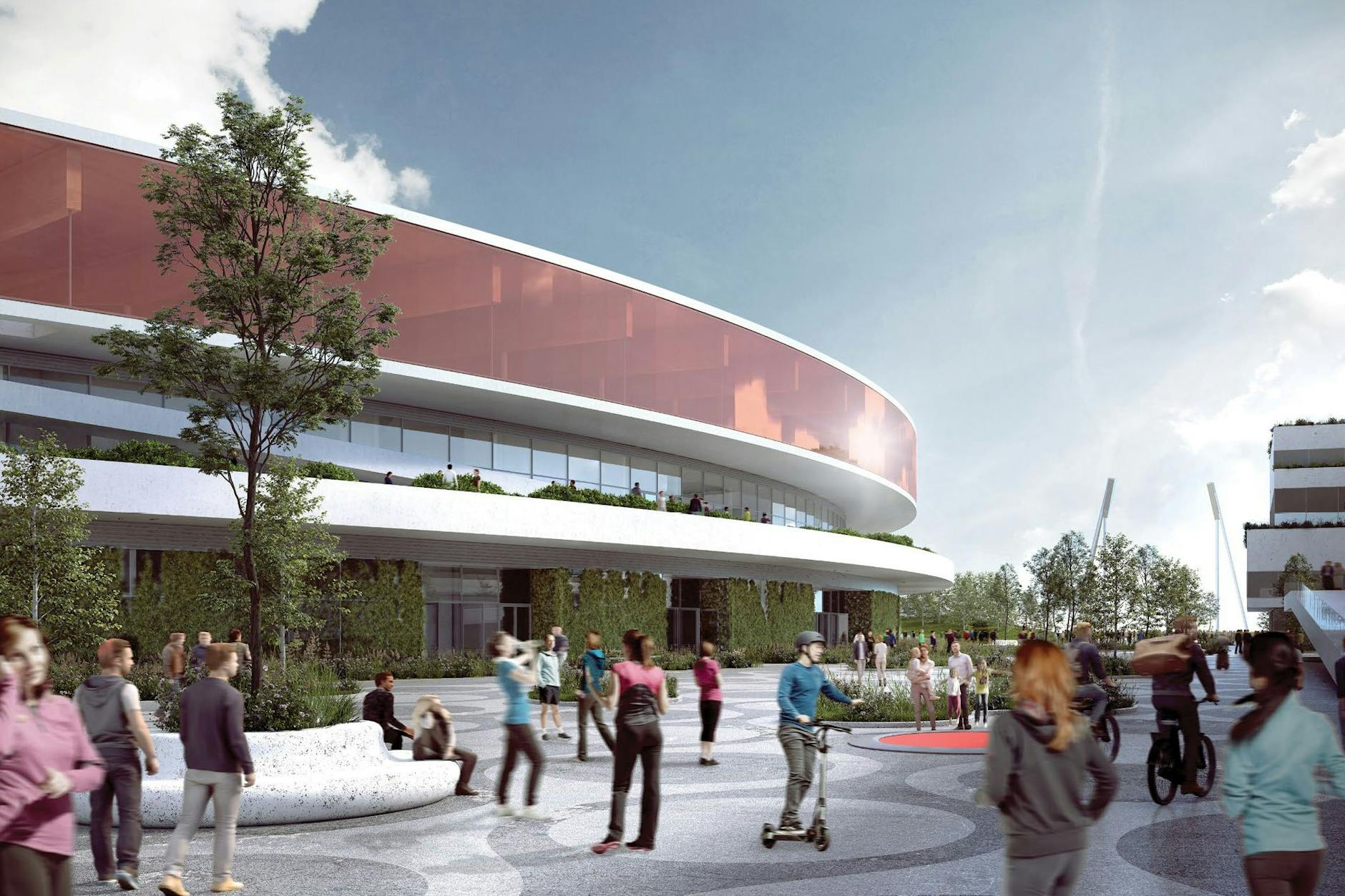 Der Blick von Süden über die „Plaza“: Links das neue Jahnstadion, im Hintergrund die versetzten Flutlichtmasten des alten.