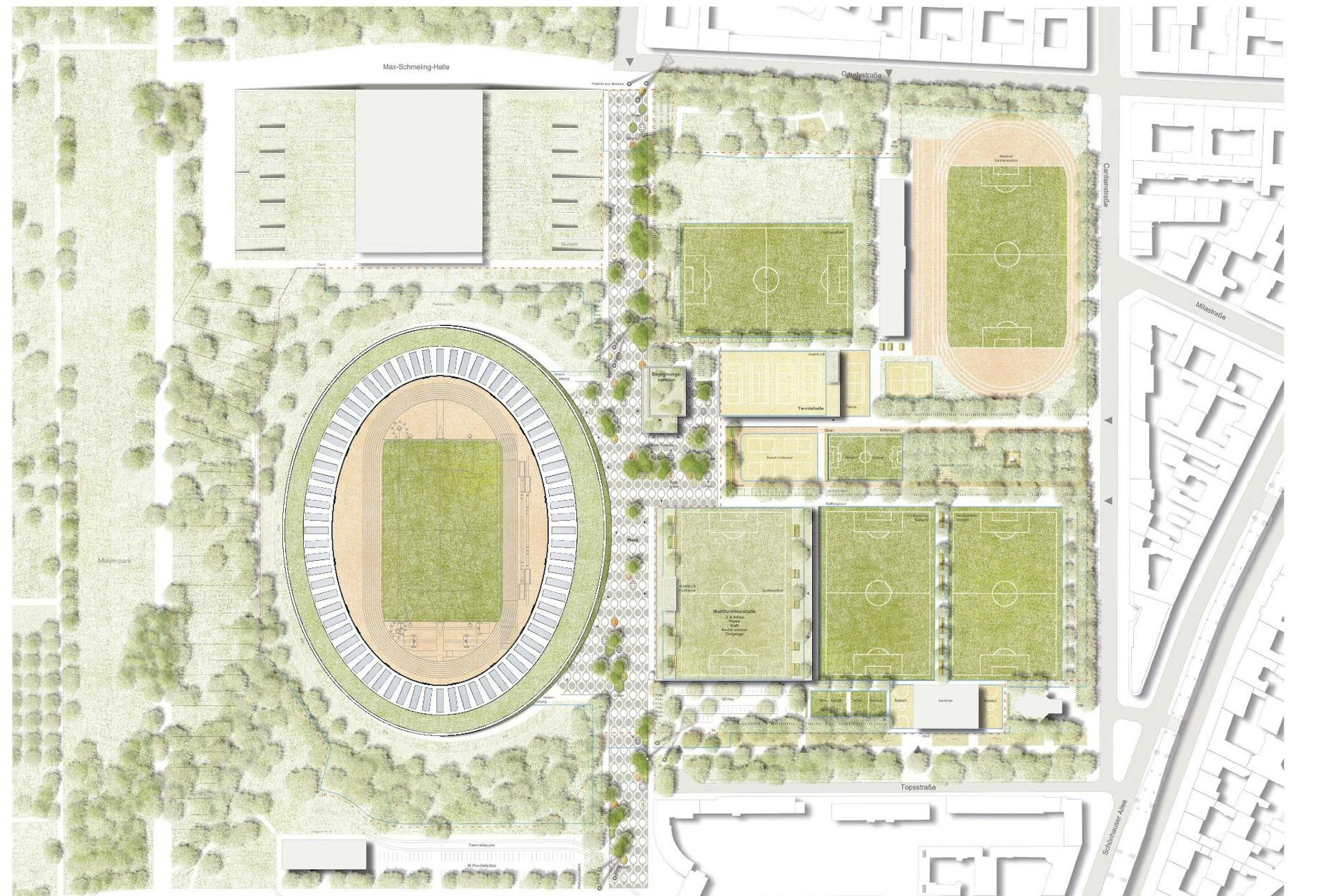 Der Lageplan des neuen Jahnsportparks. Über dem Stadion die Max-Schmeling-Halle, rechts davon ein Sportfeld mit der angrenzenden Wiese. Rechts vom Stadion die künftige Mehrzweckhalle, darüber die Sportachse, die Tennishalle und das kleine Klötzchen des Begegnungszentrums.