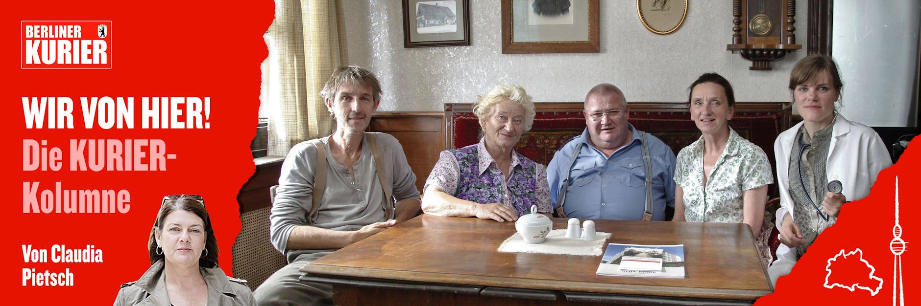 Horst Krause als Horst Krause mit Andreas Schmidt (Schlunzke), Carmen-Maja Antoni (Elsa Krause), Angelika Böttiger (Meta Krause) und Fritzi Haberlandt (Dr. Jessen) bei einem Fototermin zum Film "Krauses Kur" im Jahr 2009.