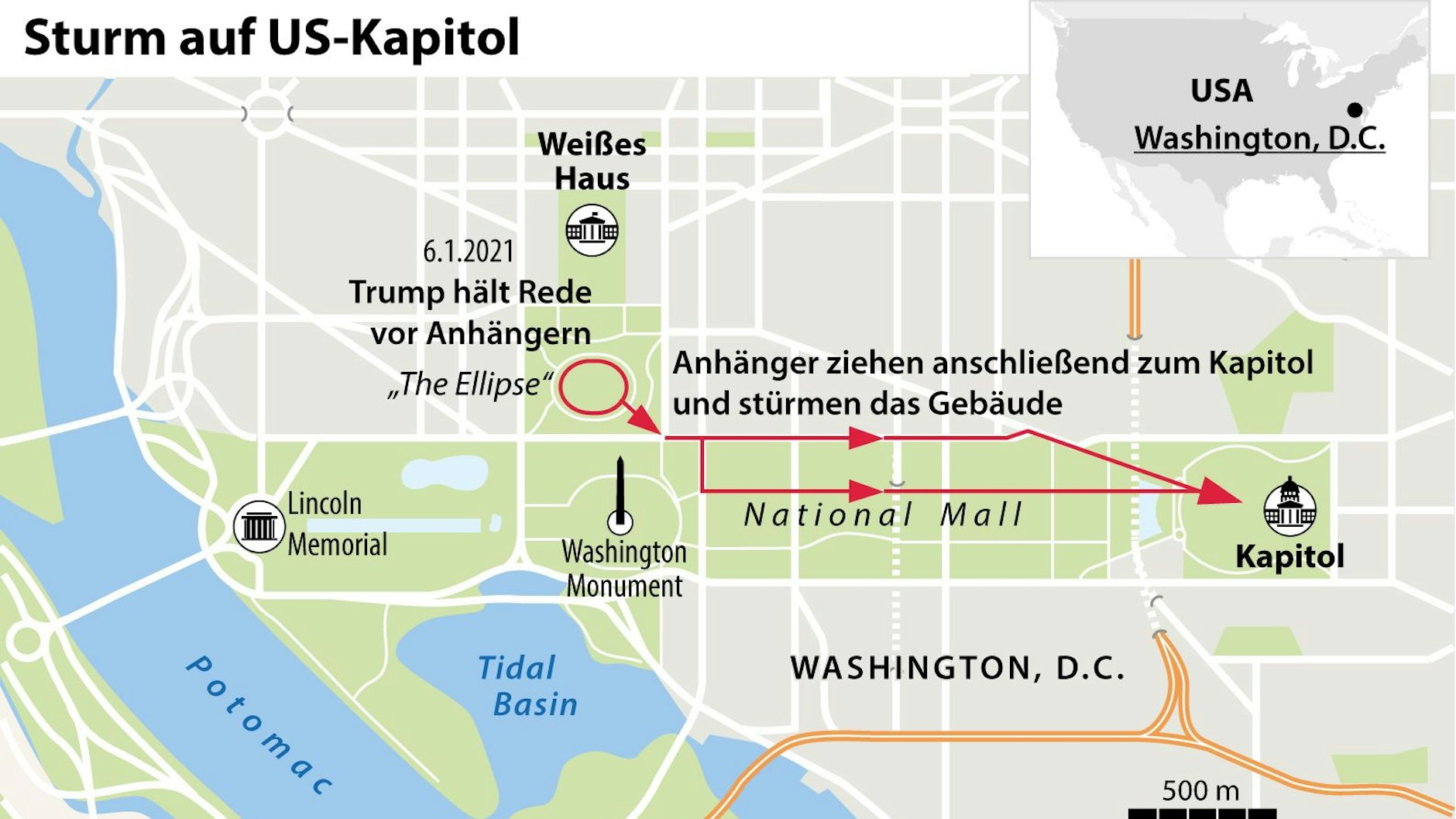 Die Grafik zeigt, wo sich der Aufruhr gegen die Demokratie am 6. Januar 2021 in Washington D.C. abspielte. 