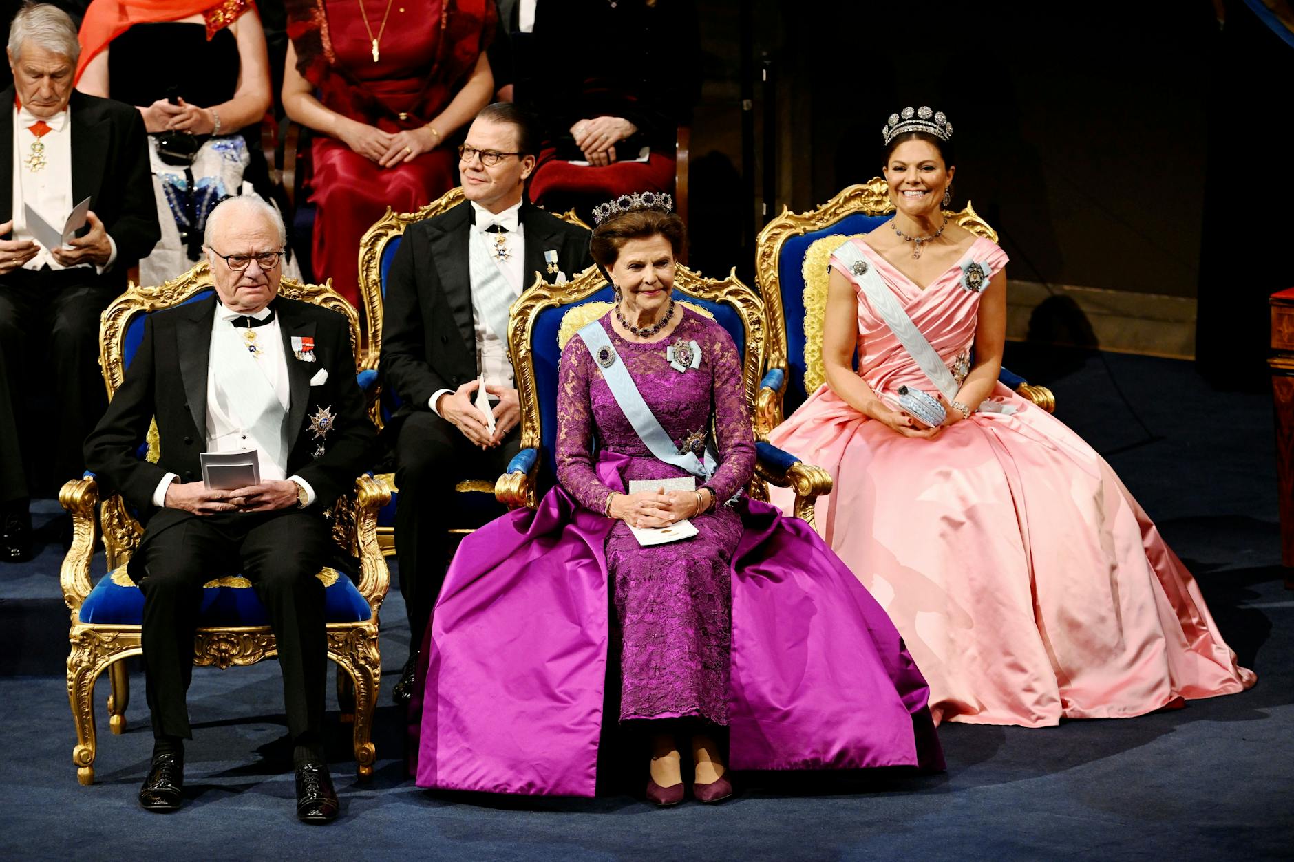 König Carl XVI. Gustaf (l-r), Prinz Daniel, Königin Silvia und Kronprinzessin Victoria von Schweden.