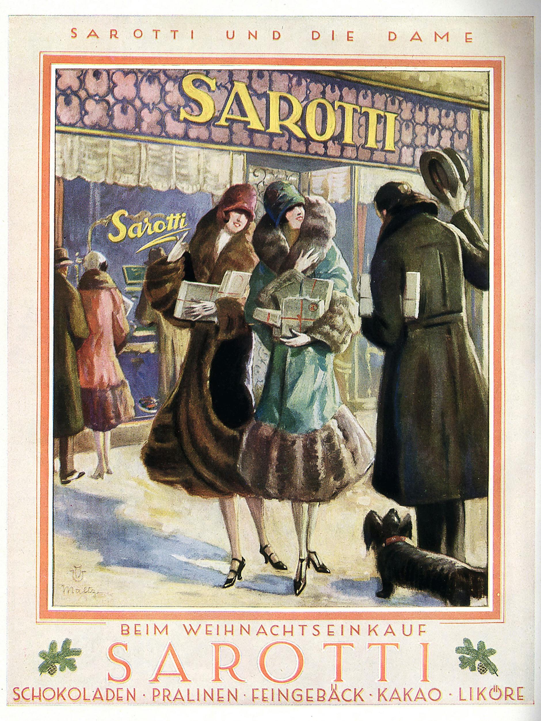 Werbung des Süßwarenherstellers Sarotti für Schokolade, Pralinen, Feingebäck, Kakao und Likör zur Weihnachtszeit – 1925. 
