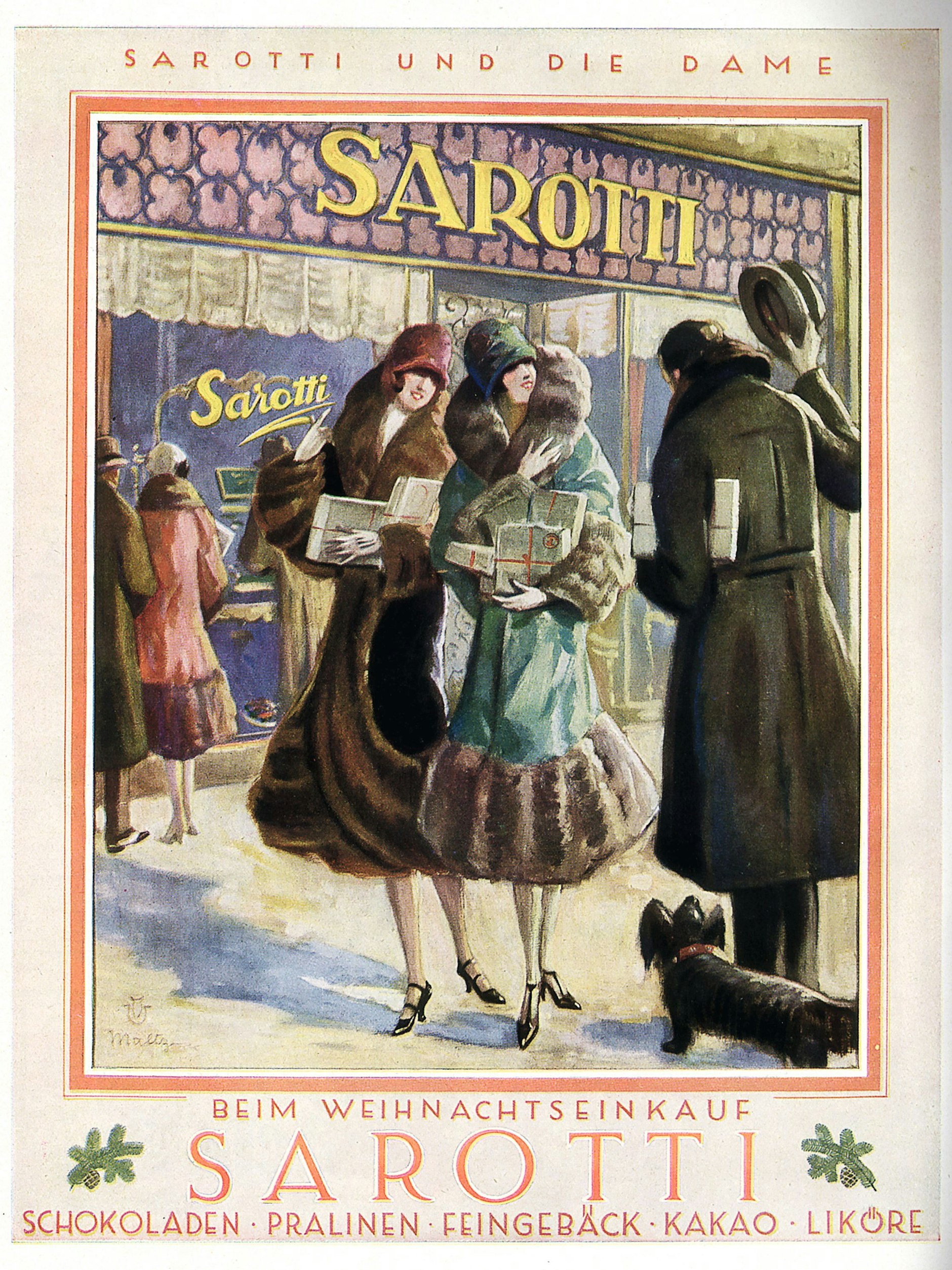 Werbung des Süßwarenherstellers Sarotti für Schokolade, Pralinen, Feingebäck, Kakao und Likör zur Weihnachtszeit – 1925.&nbsp;