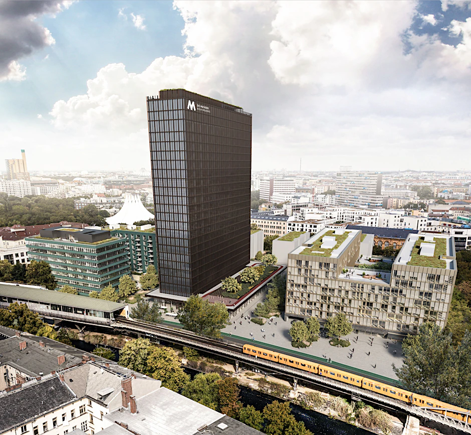 So soll es mal sein: Blick auf das neue Quartier auf dem Areal des früheren Postscheckamtes am Halleschen Ufer in Kreuzberg.