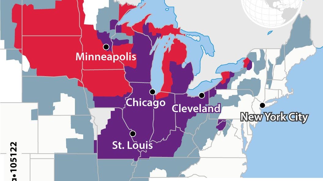Rot bedeutet Schneesturm, lila Wintersturm, blau Winterwetter. 