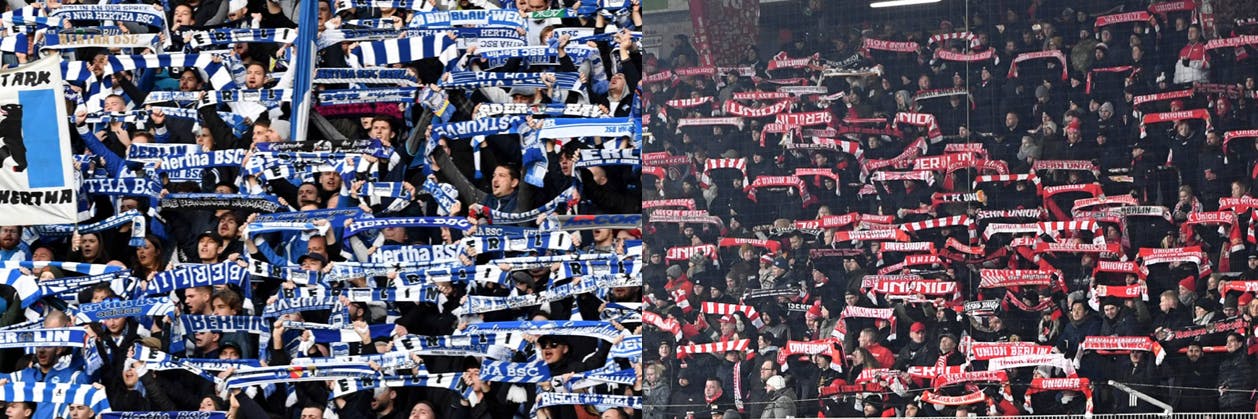 Blau-Weiß, Rot-Weiß, der Schal gehört immer mit ins Stadion. In diesem Punkt unterscheiden sich Fans von Hertha BSC und dem 1. FC Union nicht. 