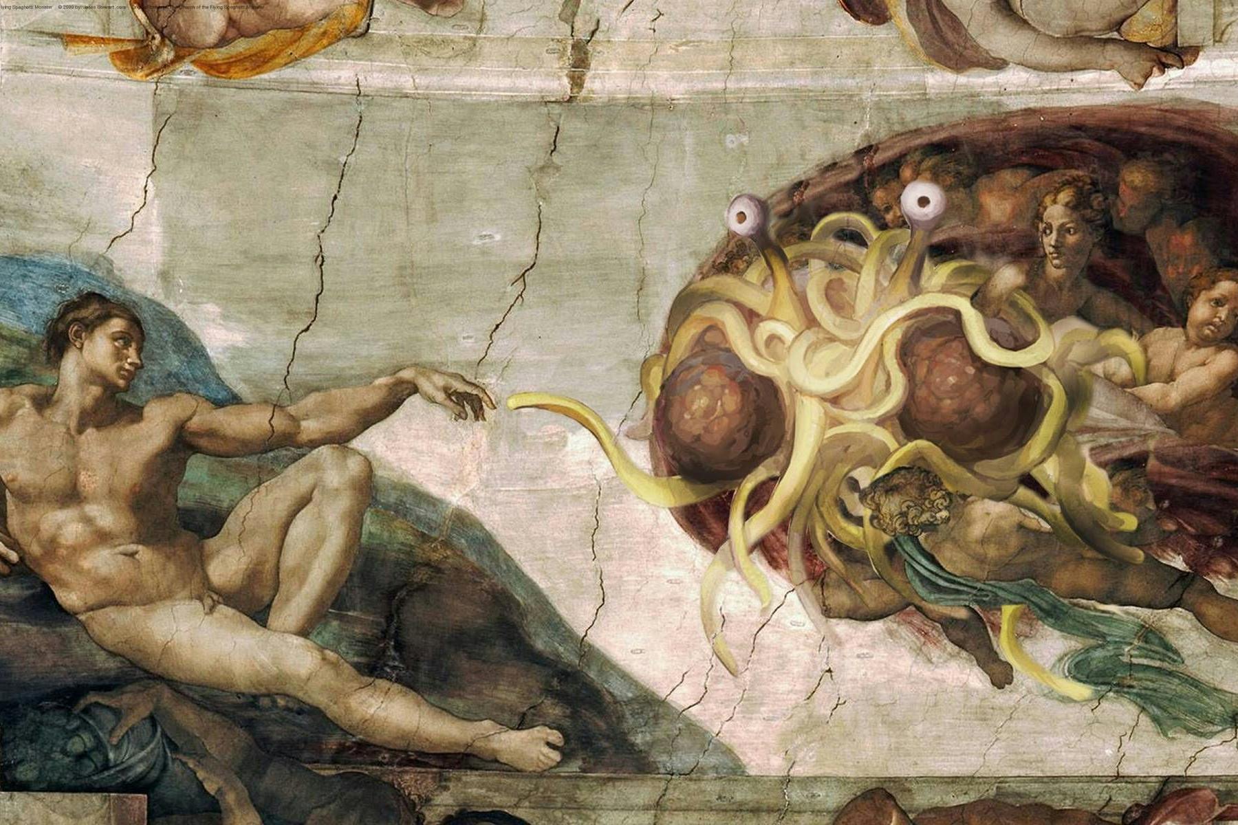 Fliegendes Spaghettimonster - Fresko in Anlehnung an Michelangelos „Die Erschaffung Adams“.