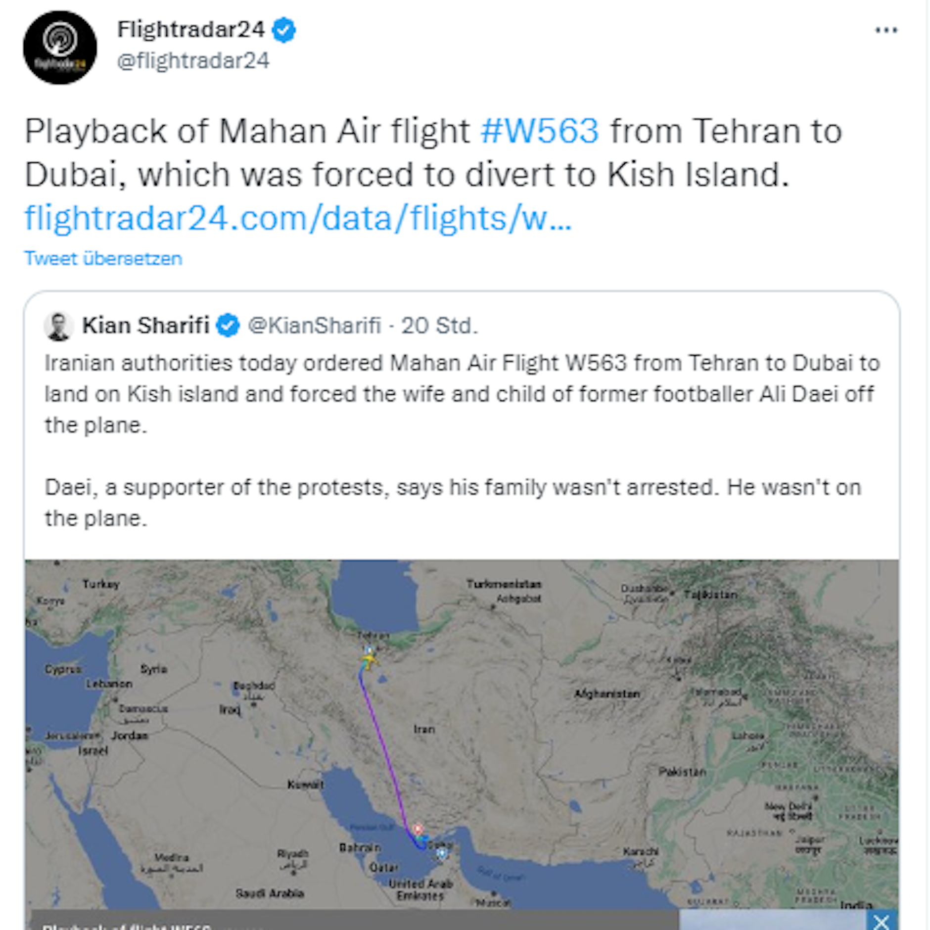 Flugradar24 zeigt es an: Die Maschine drehte kurz vor Dubai ab und landete auf der Insel Kisch.