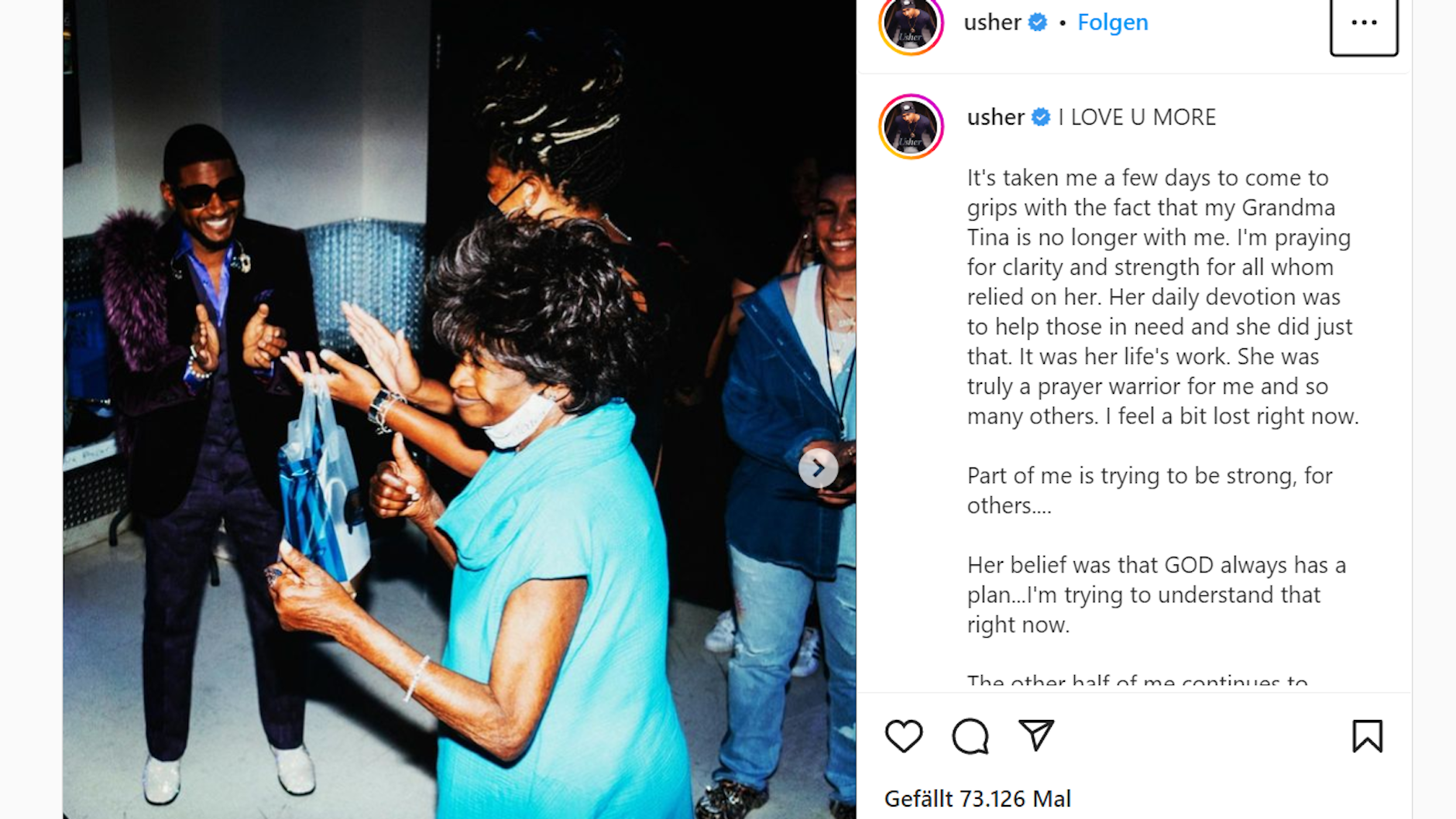 Der Instagram-Post: Auf dem Foto ist Usher mit seiner Oma Tina zu sehen.