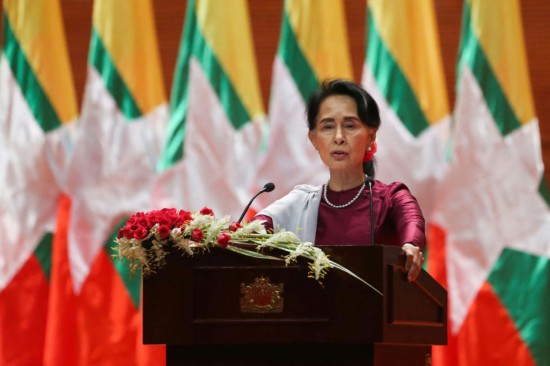 In diesem Foto vom 19. September 2017 hält Myanmars Staatsrat Aung San Suu Kyi eine nationale Ansprache in Naypyidaw. Ein Gericht der Junta in Myanmar hat die gestürzte zivile Führerin Aung San Suu Kyi am 30. Dezember 2022 wegen Korruption zu sieben Jahren Haft verurteilt, wie eine juristische Quelle der AFP mitteilte.