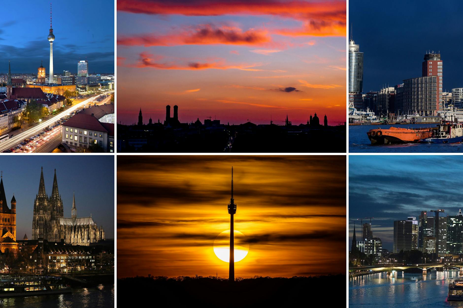Deutsche Großstädte: Berlin (oben l-r), München, Hamburg, Köln (unten l-r), Stuttgart und Frankfurt am Main. 