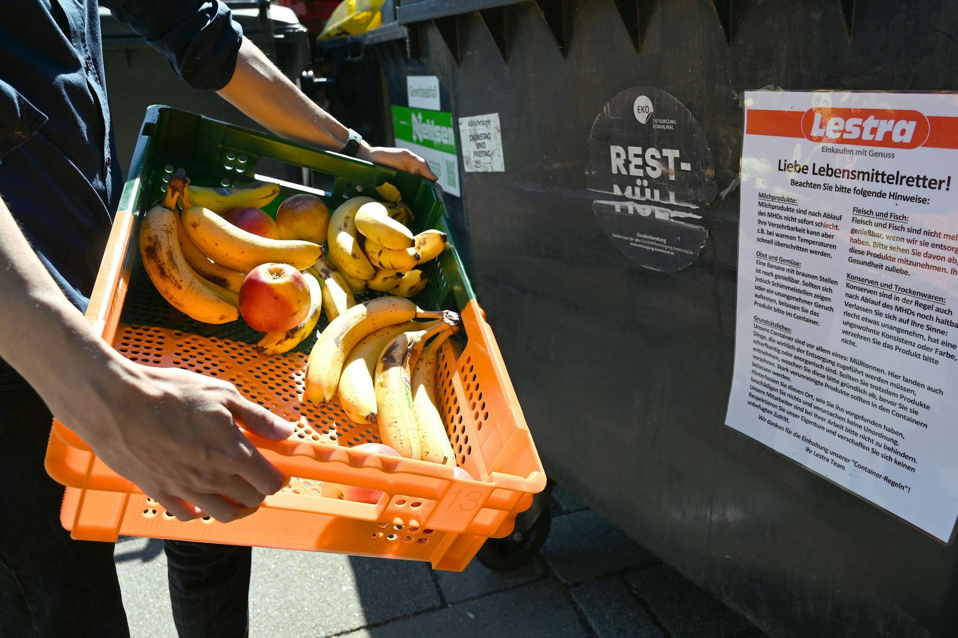 Der Mitarbeiter eines Supermarktes bringt Obst zu einem Container.