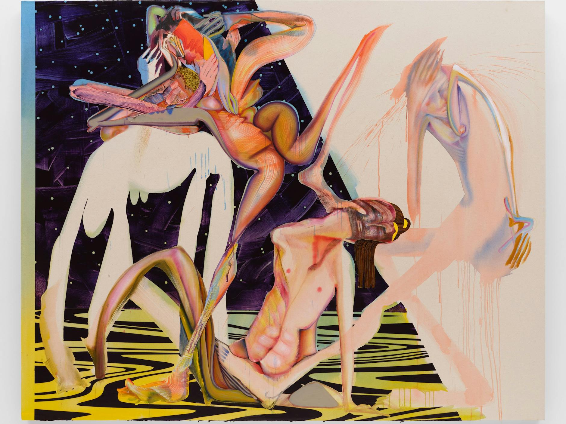 Christina Quarles spannt surreale Körper in den Raum und bezieht sich dabei auch auf queeres Leben: „Slick,“ 2022, Acryl auf Leinwand.