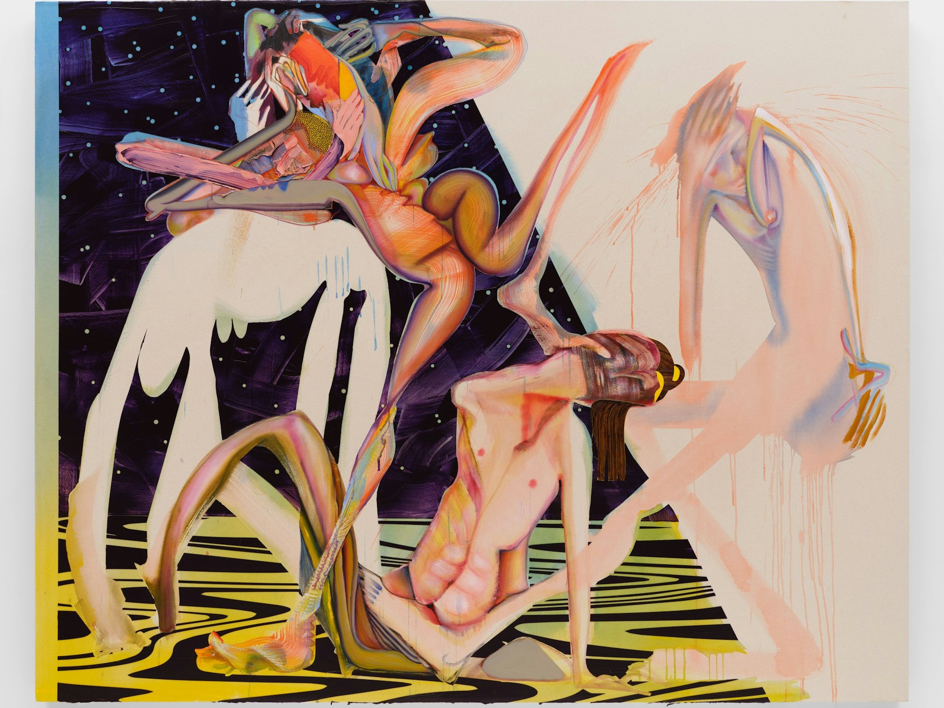 Christina Quarles spannt surreale Körper in den Raum und&nbsp; bezieht sich dabei auch auf queeres Leben: „Slick,“ 2022, Acryl auf Leinwand.