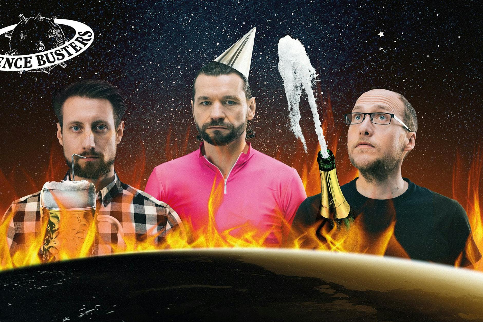 Martin Moder, Martin Puntigam und Florian Freistetter von den Science Busters in Feierlaune im Programm „Global Warming Party – Die Show zum Klimawandel“.