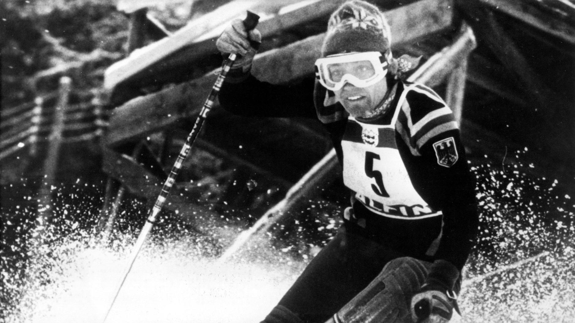 Rosi Mittermaier bei den Olympischen Winterspielen 1976 von Innsbruck im Spezialslalom.