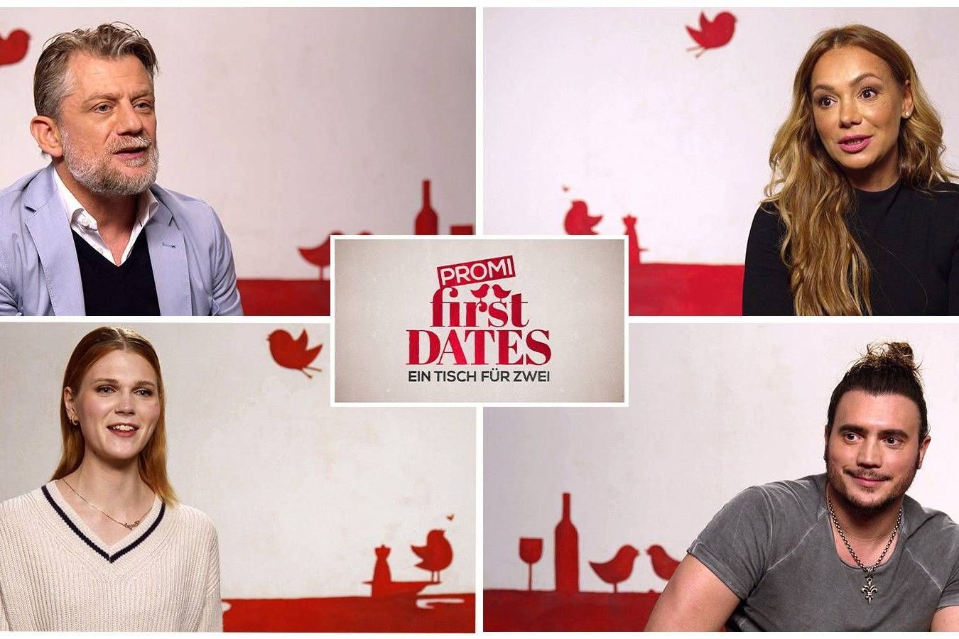 Sie sind bei First Dates dabei: Andreas Guenter, Radost Bokel, Lucy Hellenbrecht und Bela Klentze. (Von oben links nach unten rechts)