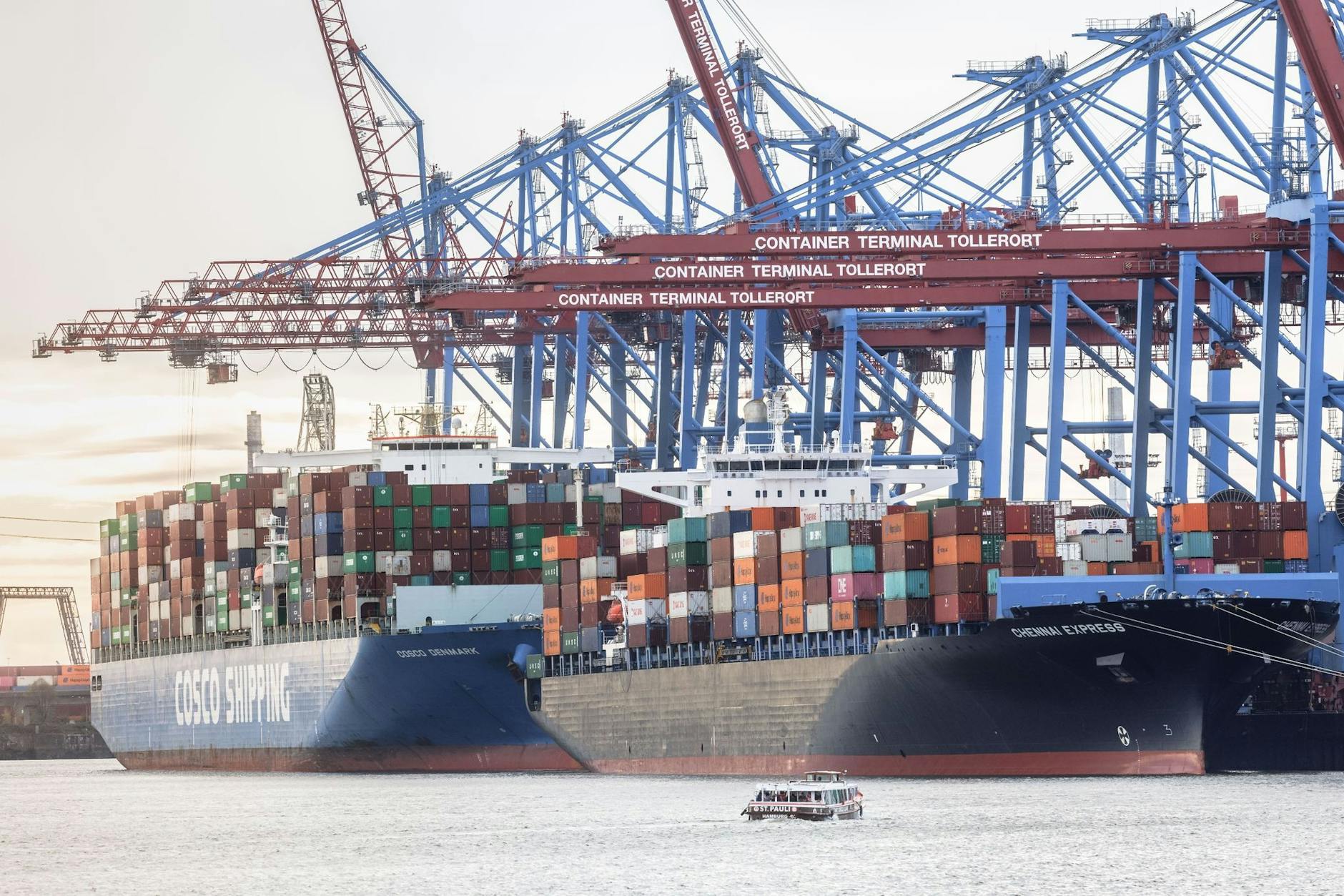 ARCHIV - Containerschiffe liegen im Hamburger Hafen am Terminal Tollerort: Der chinesische Cosco-Konzern wird sich wohl mit weniger als 25 Prozent an der Betreibergesellschaft des Terminals Tollerort beteiligen.