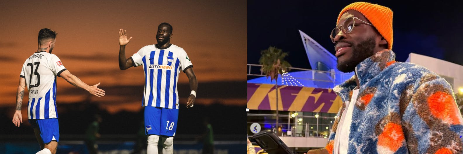 Bunte Jacke, viele Tore! Herthas Stürmer Willy Kanga klatscht beim 7:1-Schützenfest mit Marco Richter ab. 