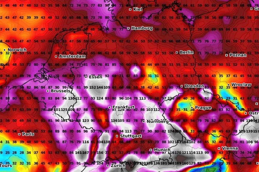 Die Karte zeigt die Regensummen in Deutschland bis zum 25. Januar 2023. Regional wären sogar mehr als 200 Liter denkbar!