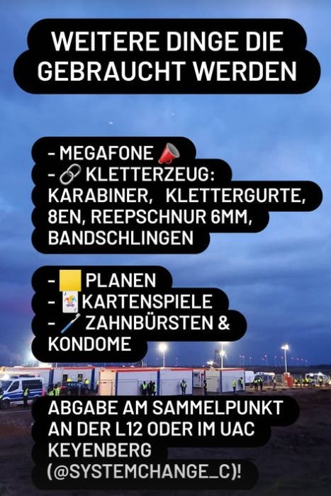 In Lützerath werden auch Hygieneartikel wie Zahnbürsten und Kondome gebraucht.