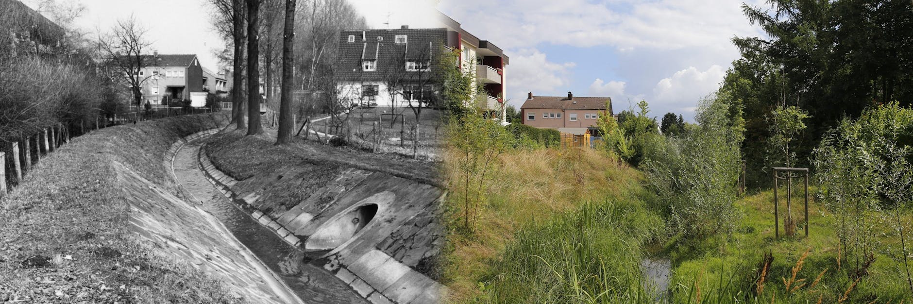 Der Oberlauf der Emscher in Dortmund 1976 und nach der Renaturierung.