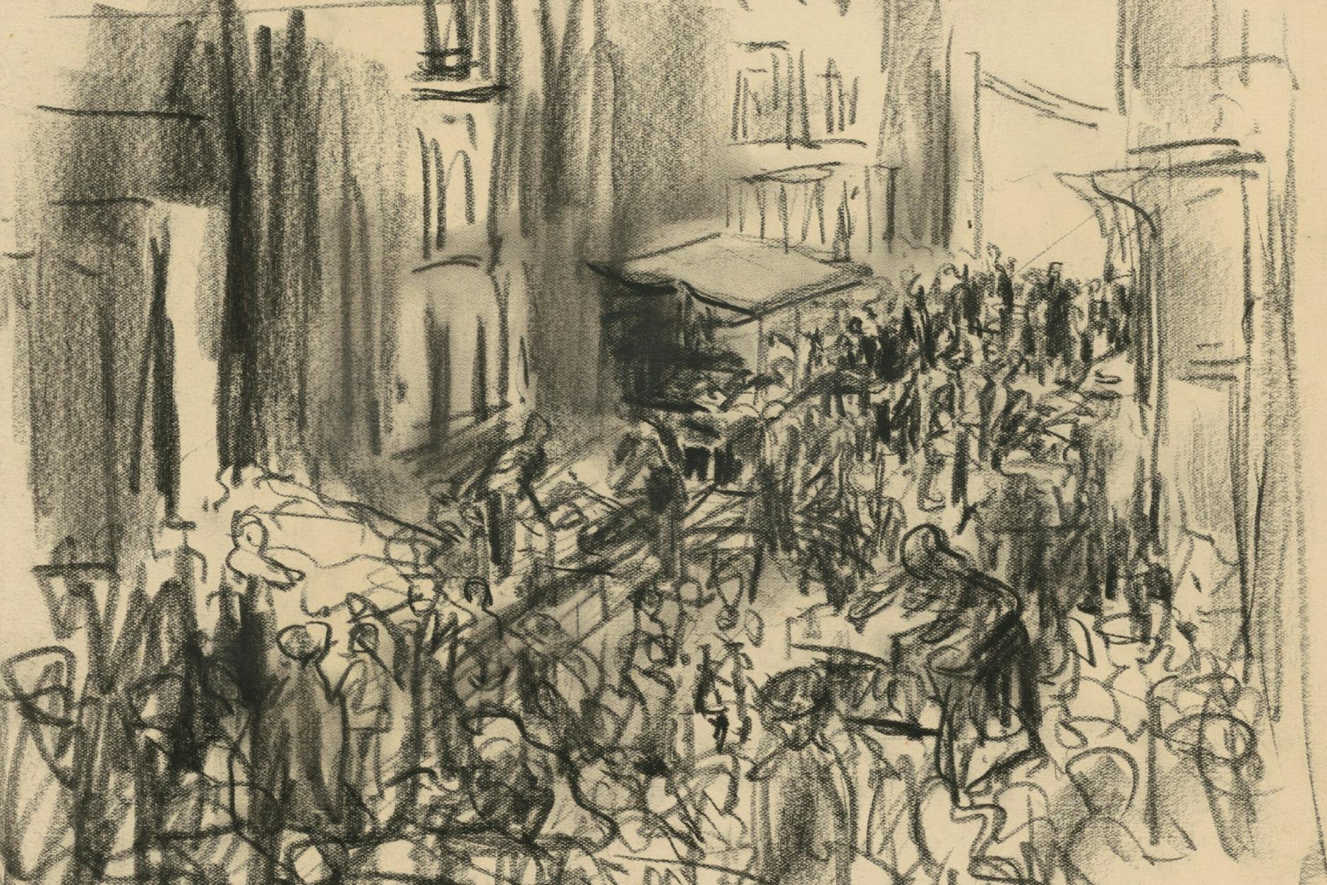 Max Liebermann war ein passionierter Holland-Reisender: „Judengasse in Amsterdam“, 1905, schwarze Kreide auf Papier. 