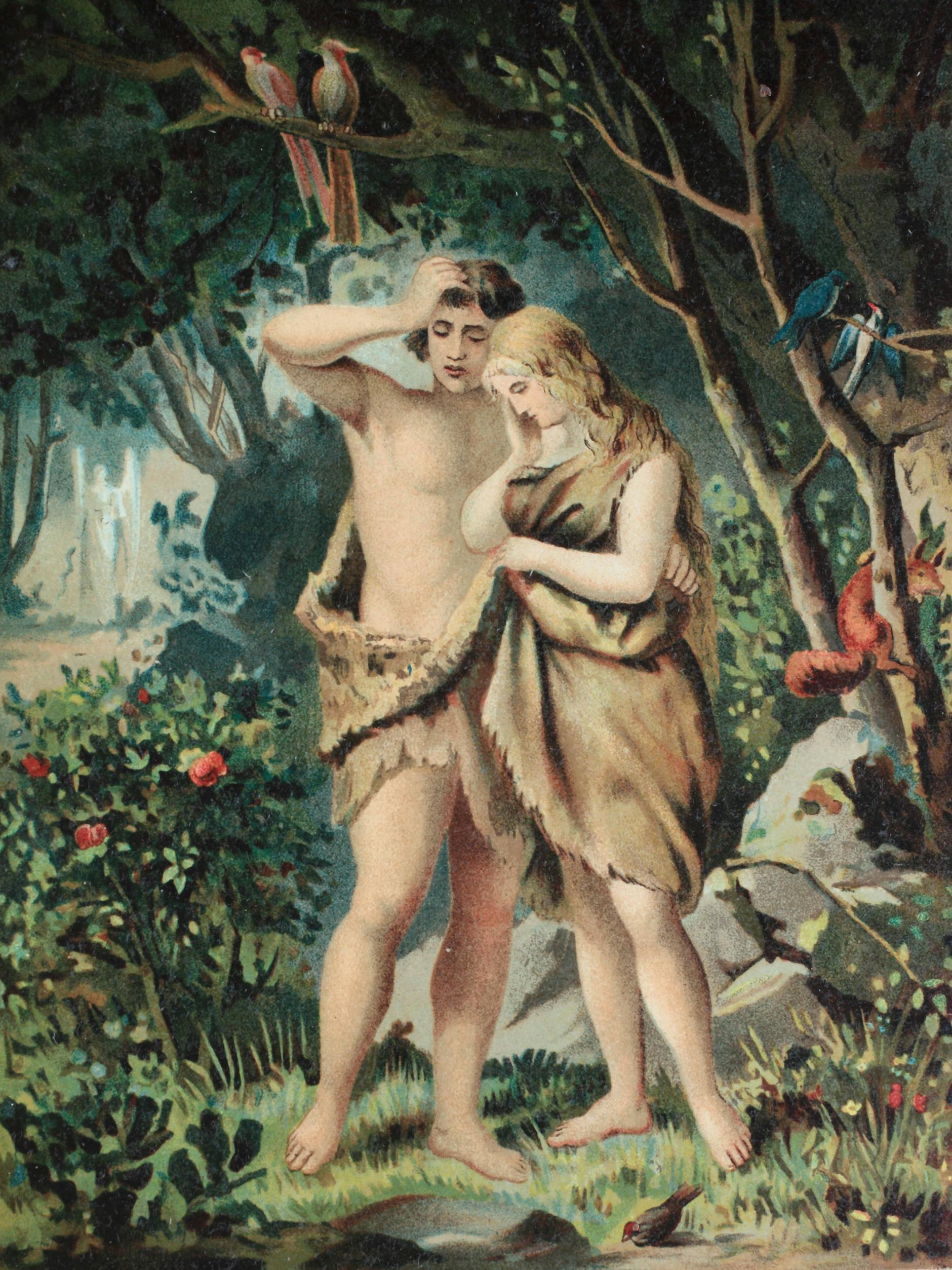 Adam und Eva im Paradies, Chromlithografie aus einer Hausbibel, ca. 1870