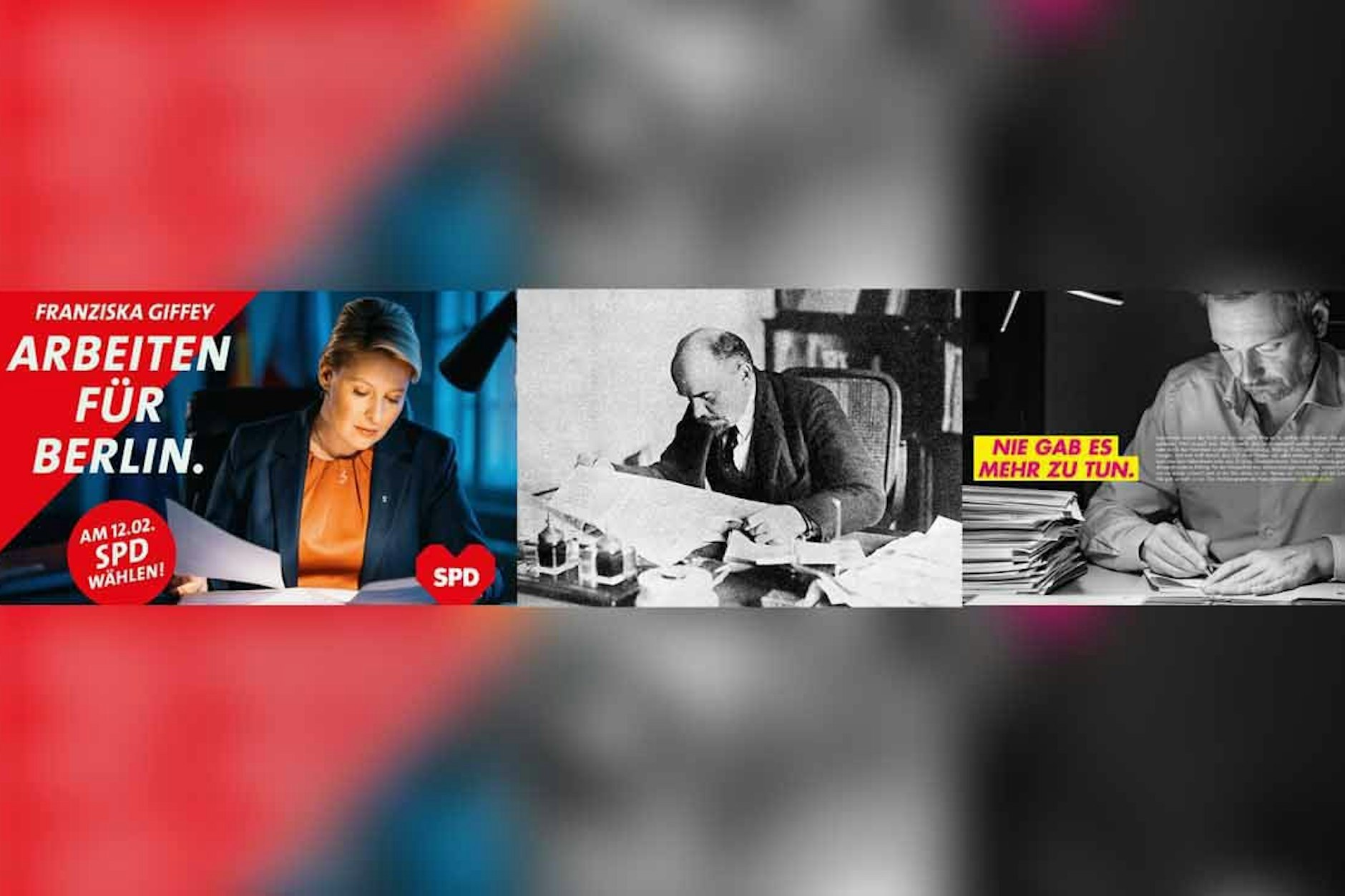 Fotomontage von Politikerbildern: Franziska Giffey auf einem aktuellen Wahlplakat der SPD, Wladimir Iljitsch Uljanow, genannt Lenin, sowie Christian Lindner auf einem Wahlplakat der FDP (v.l.)