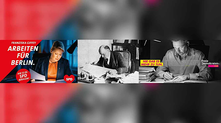 Fotomontage von Politikerbildern: Franziska Giffey auf einem aktuellen Wahlplakat der SPD, Wladimir Iljitsch Uljanow, genannt Lenin, sowie Christian Lindner auf einem Wahlplakat der FDP (v.l.)
