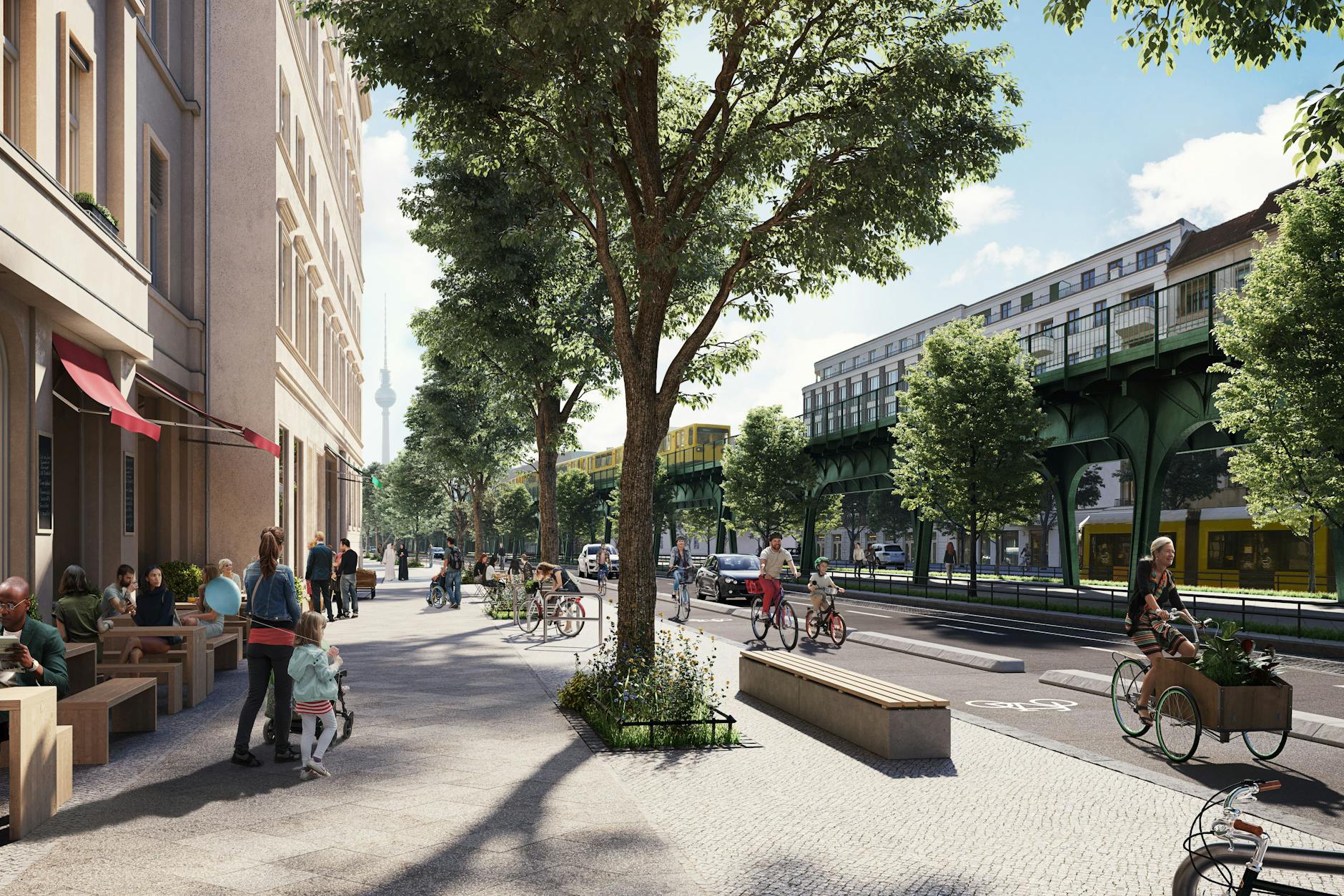 Visualisierung: Auf einem Teilstück der Schönhauser soll ein geschützter Radfahrstreifen entstehen. 