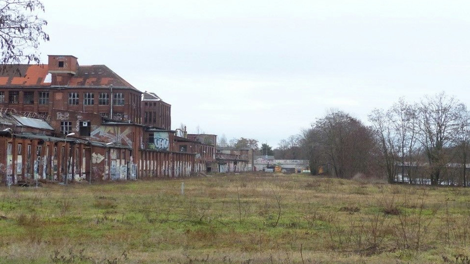 Das leere Gelände zwischen Kabelwerk Köpenick und Müggelspree. Im Hintergrund die Salvador-Allende-Brücke.