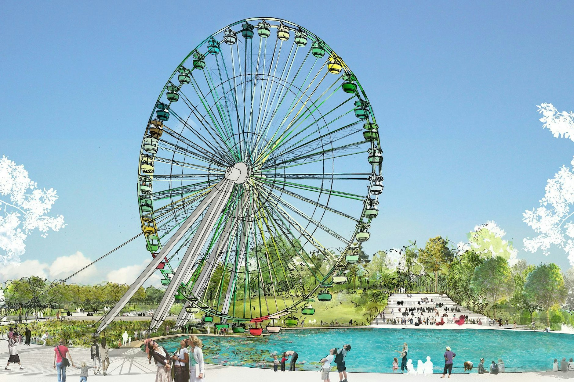 Ein See, über dem sich das wiederaufgebaute Riesenrad dreht: So soll das Herz des künftigen Kunst- und Kulturparks im Berliner Plänterwald aussehen. Geplante Eröffnung: 2025.