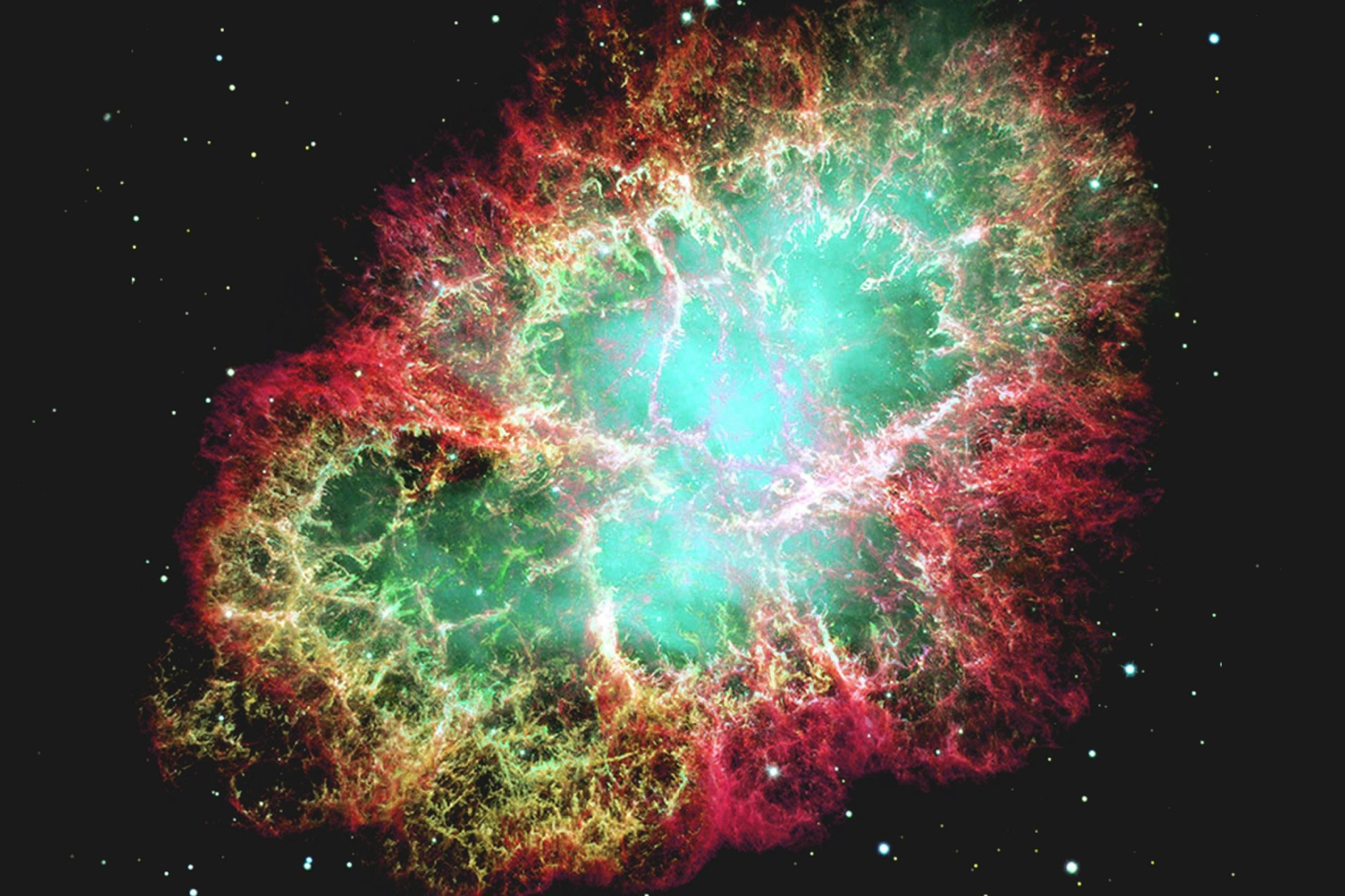 Überreste einer Supernova, eine Aufnahme vom Hubble-Weltraumteleskop. Der Krebsnebel ist etwa 6500 Lichtjahre von der Erde entfernt und sechs Lichtjahre breit. Er stammt von einer Sternexplosion, die im Jahre 1054 beobachtet wurde.