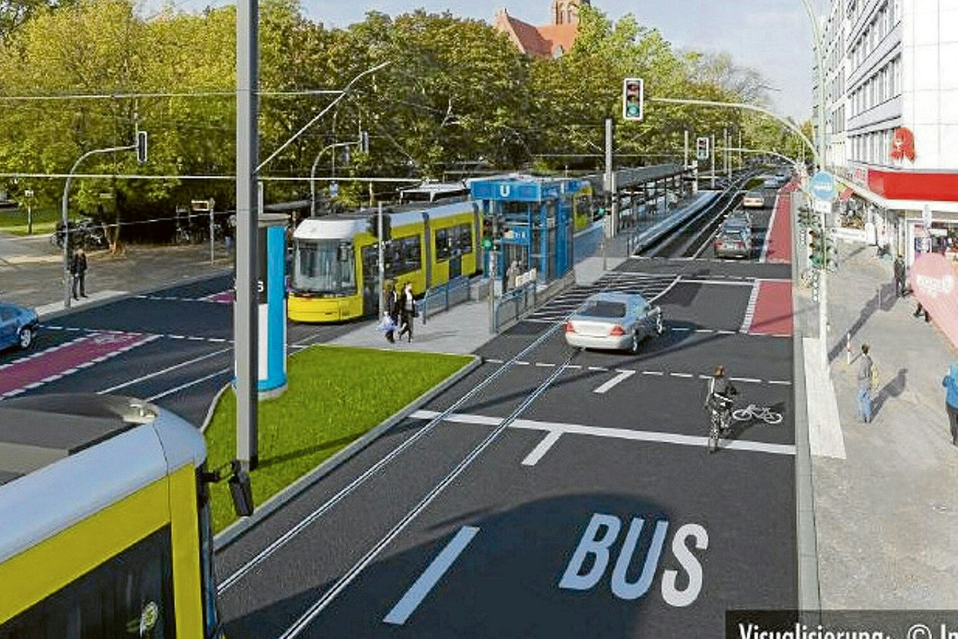 Dieses Tram-Projekt wird bereits realisiert. Die Darstellung zeigt die künftige Endhaltestelle der Linie M10 in der Turmstraße in Moabit. Im Juni 2023 soll der Betrieb auf der Neubaustrecke in den Westen Berlins beginnen.