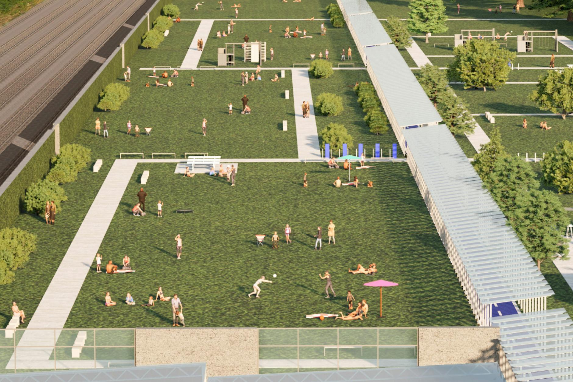 Auf dem Betondeckel: eine Grünanlage. Daneben verläuft ein Radschnellweg mit Glasüberdachung.