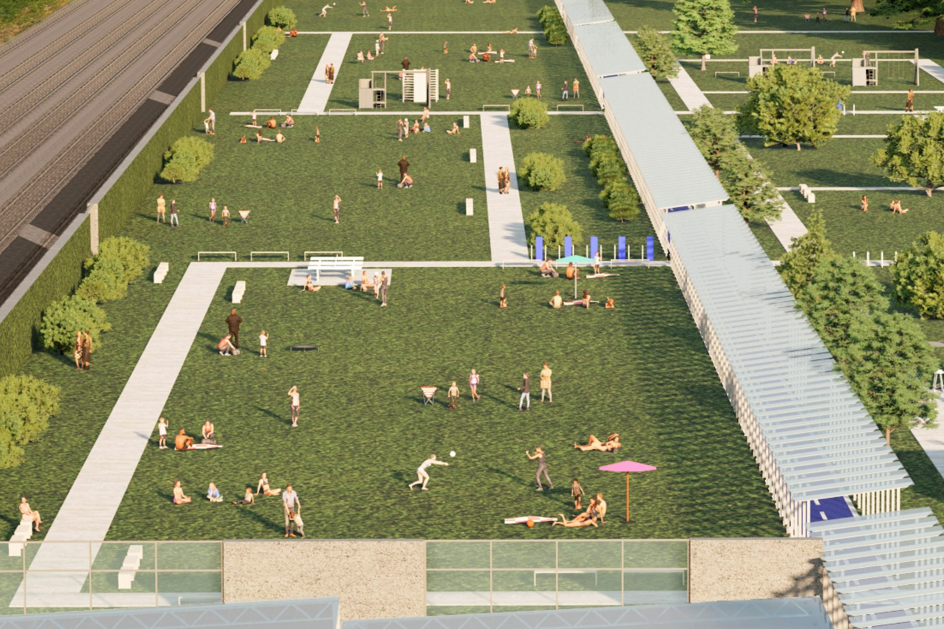 Auf dem Betondeckel: eine Grünanlage. Daneben verläuft ein Radschnellweg mit Glasüberdachung.