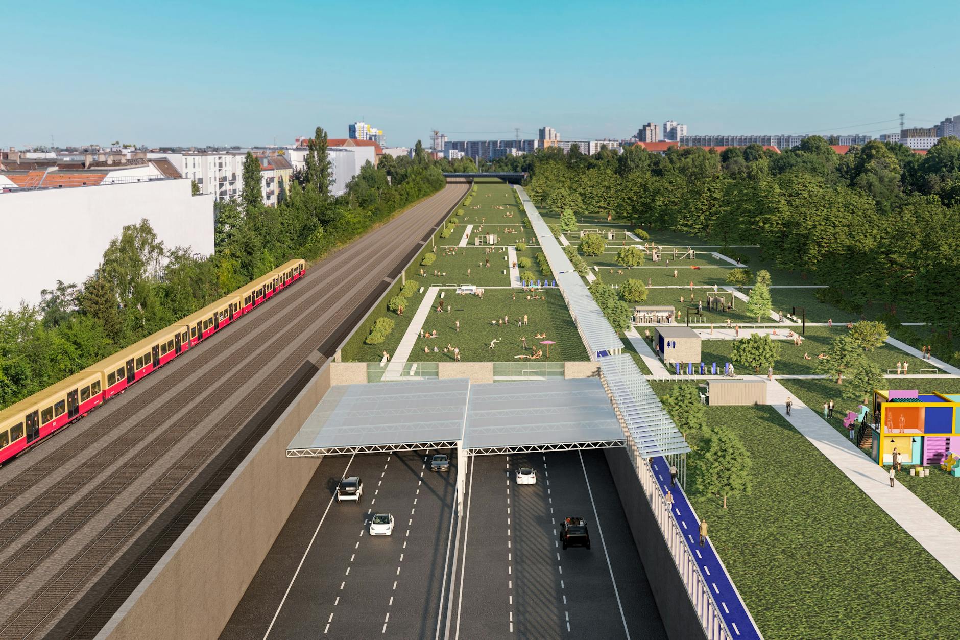 Sechs Fahrstreifen neben der Ringbahn, darauf ein Deckel mit viel Grün, einer Bar und einem Club: So stellen sich Berlins Christdemokraten die „Klimaautobahn“ nördlich der Frankfurter Allee vor.