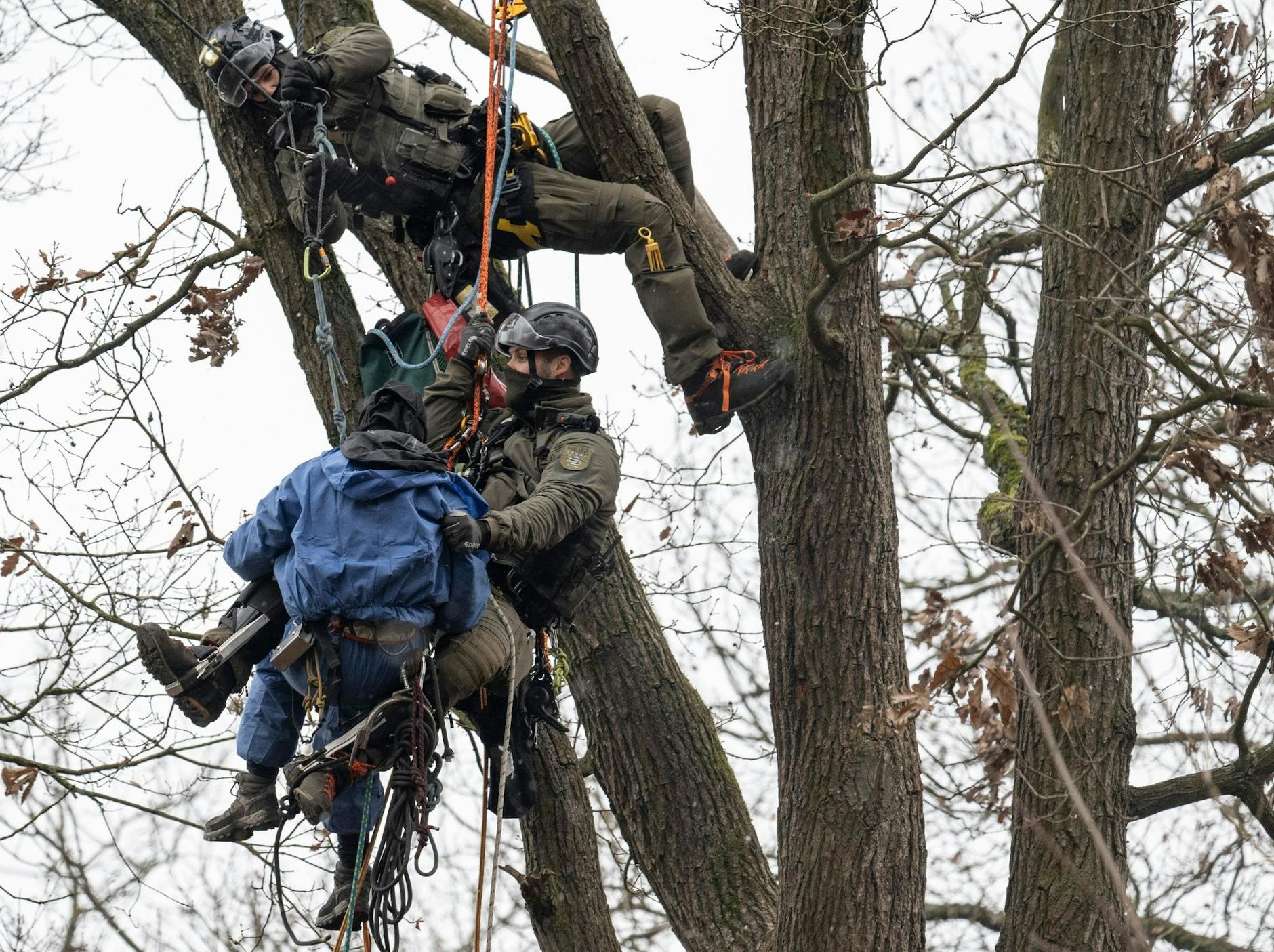 dpatopbilder - Beamte eine Spezialeinsatzkommandos (SEK) der Polizei seilen einen Baumbesetzer aus einem Baumhaus ab.