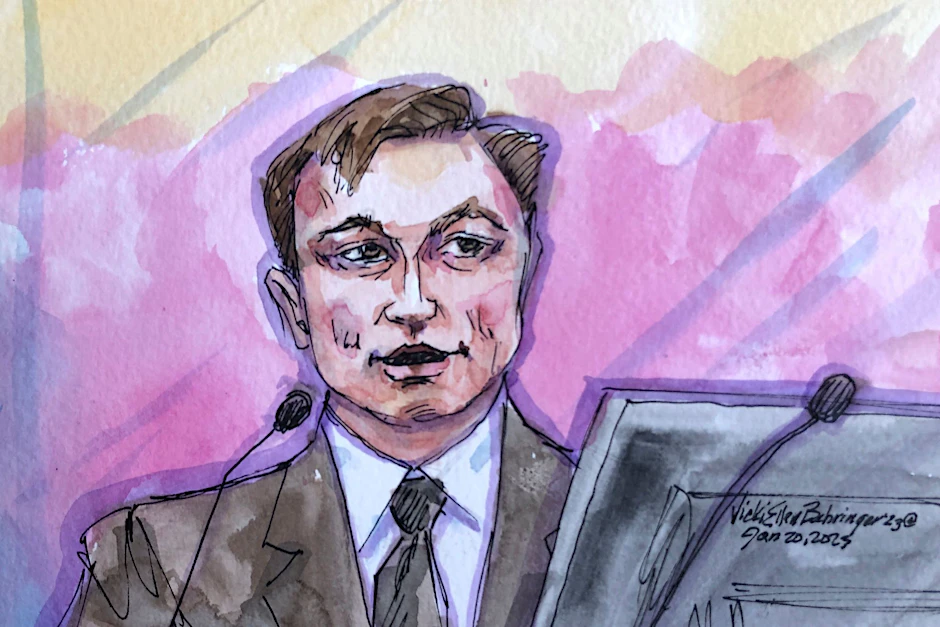 Der Tesla-Chef Elon Musk, hier in einer Gerichtszeichnung, musste aussagen.