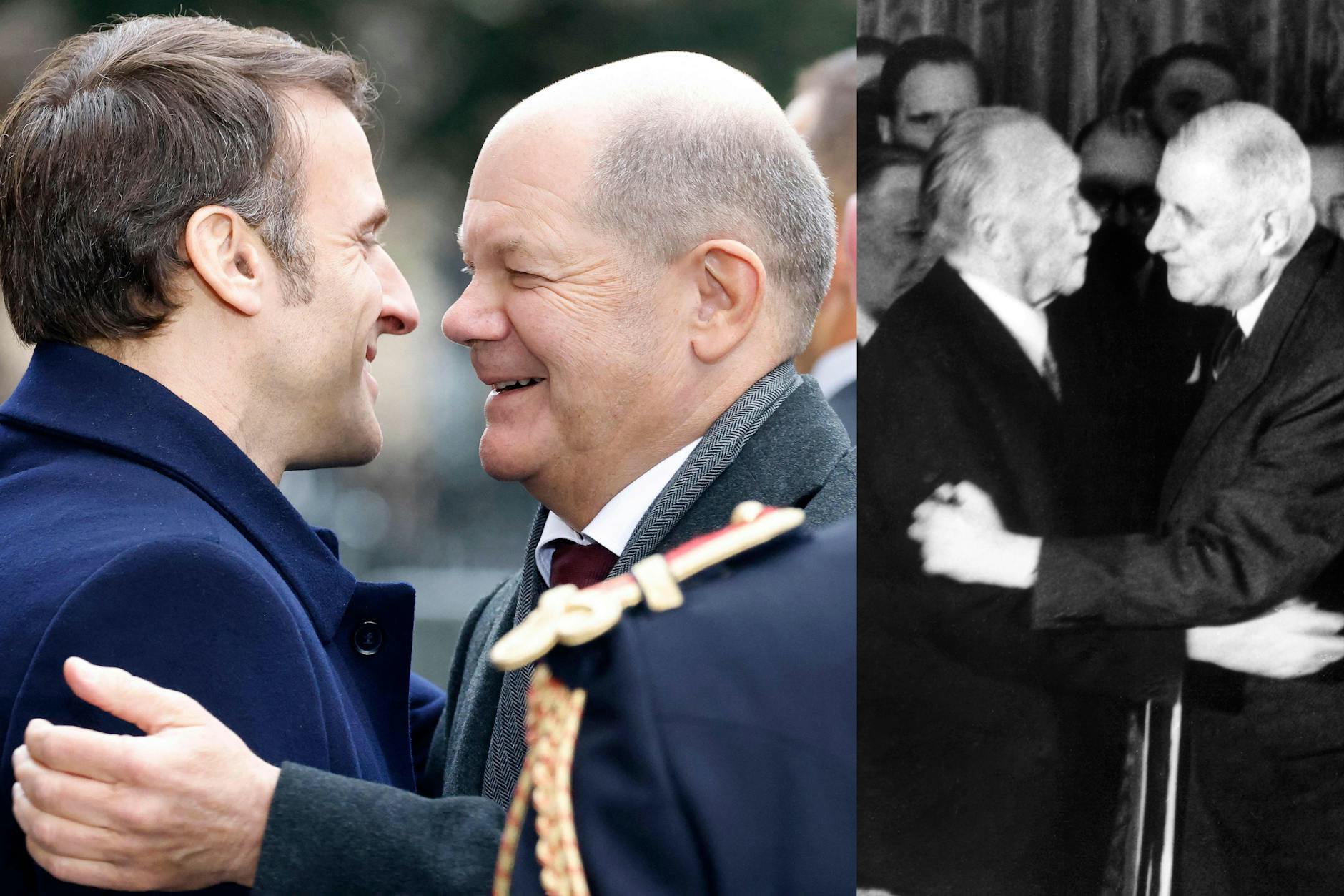 Die Umarmung des riesenhaften Präsidenten Charles de Gaulle (1,96 m) mit Kanzler Konrad Adenauer (1,86 m) geriet 1963 etwas unbeholfen. Zwischen Kanzler Olaf Scholz (1,70 m) und Präsident Emmanuel Macron (1,73 m) klappt es besser.