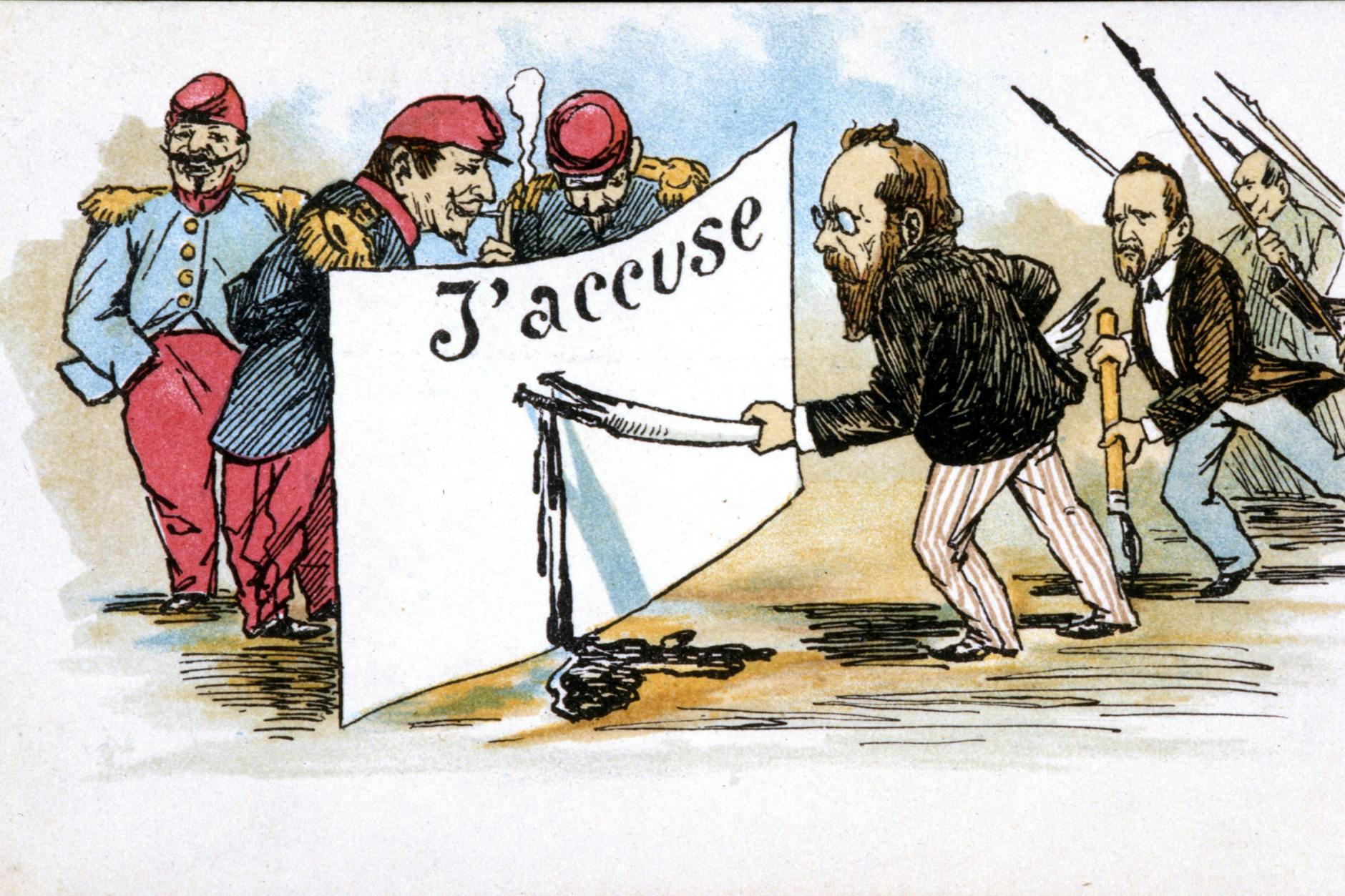 Émile Zola auf einer Postkarte von 1898. Der „Intellektuelle“ im Kampf mit der Feder, von der Macht belustigt beäugt.