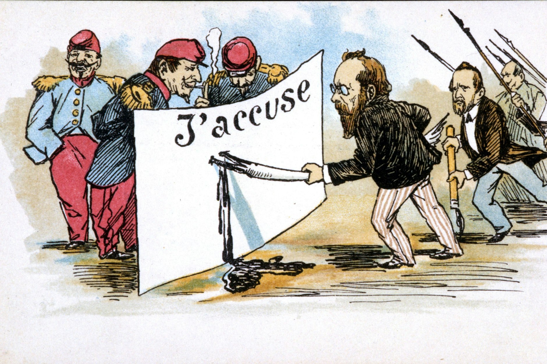 Émile Zola auf einer Postkarte von 1898. Der „Intellektuelle“ im Kampf mit der Feder, von der Macht belustigt beäugt.