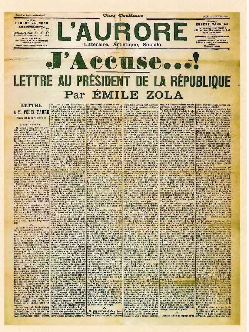 Titelblatt der L’Aurore mit dem offenen Brief Émile Zolas: J’Accuse …!, „Ich klage an …!“