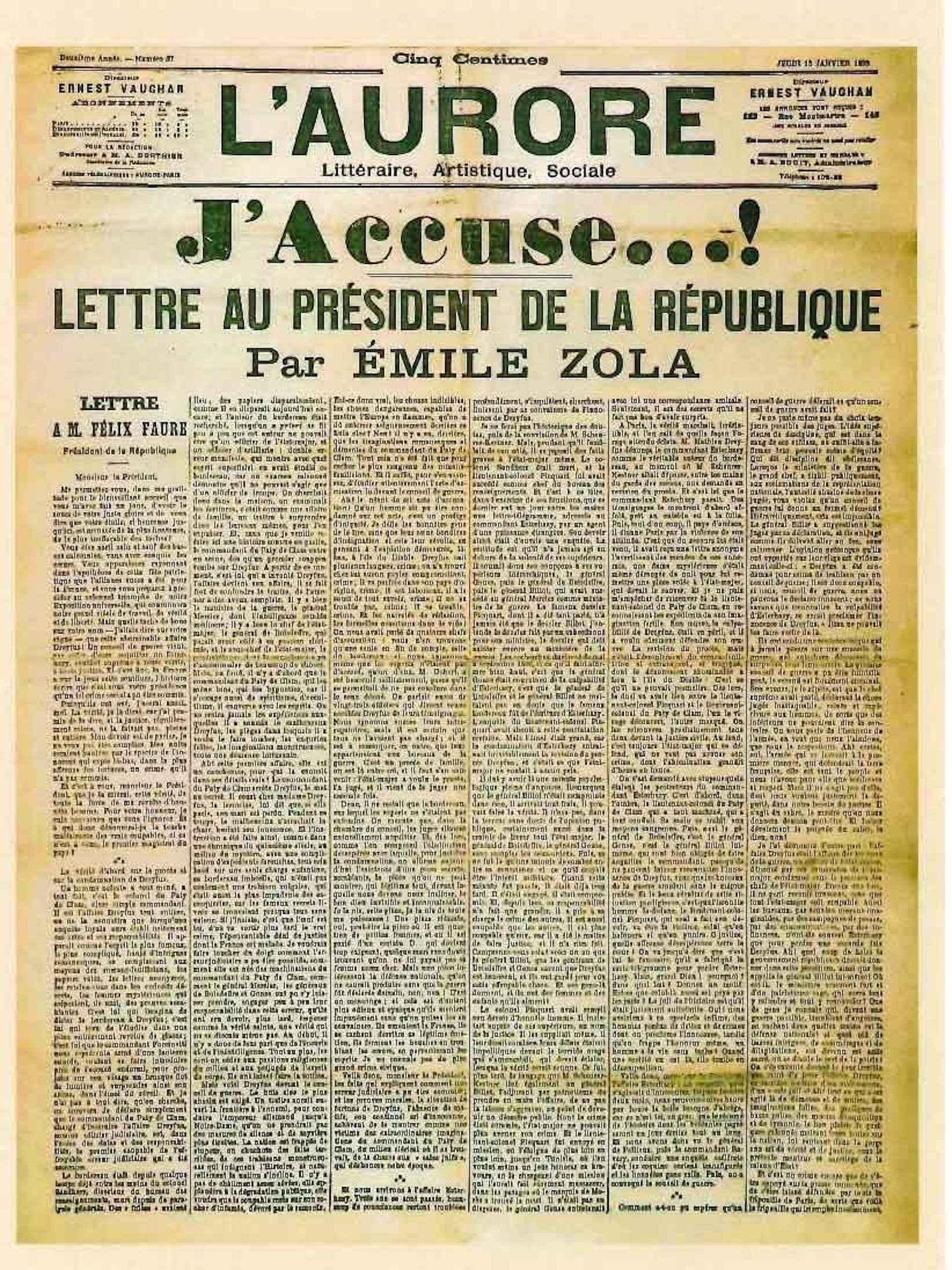 Titelblatt der L’Aurore mit dem offenen Brief Émile Zolas: J’Accuse …!, „Ich klage an …!“