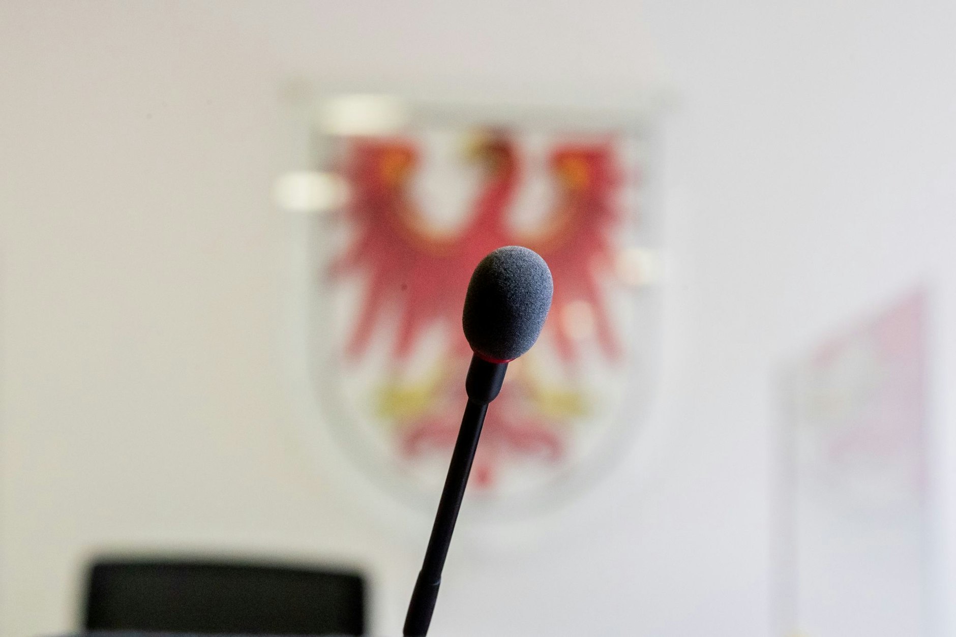 ARCHIV - Das Mikrophon des Zeugenstands im Landgericht Potsdam vor dem Brandenburgischen Adler.  