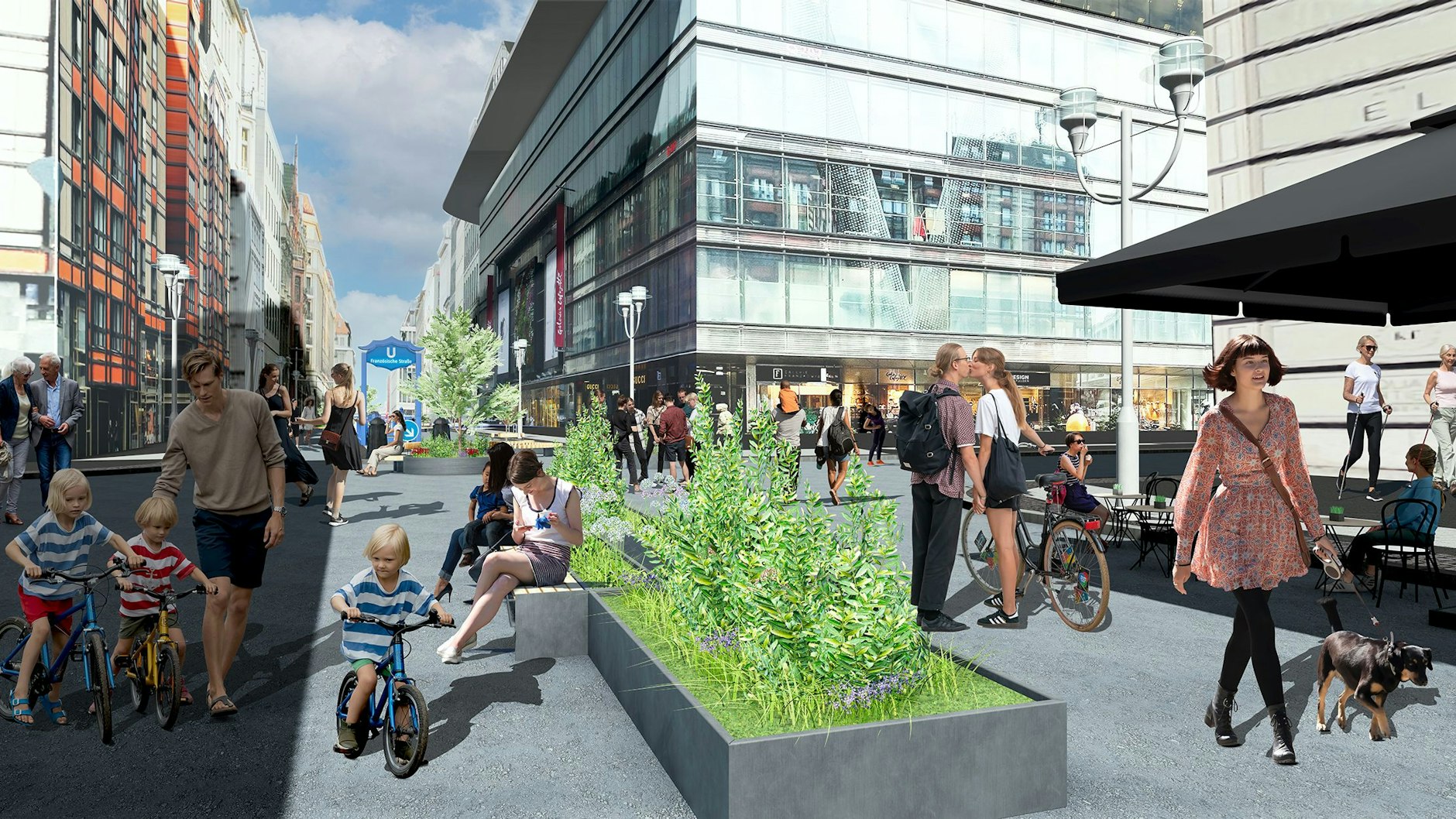 Diese Visualisierung zeigt, wie die autofreie Friedrichstraße ab dem Frühjahr aussehen soll.