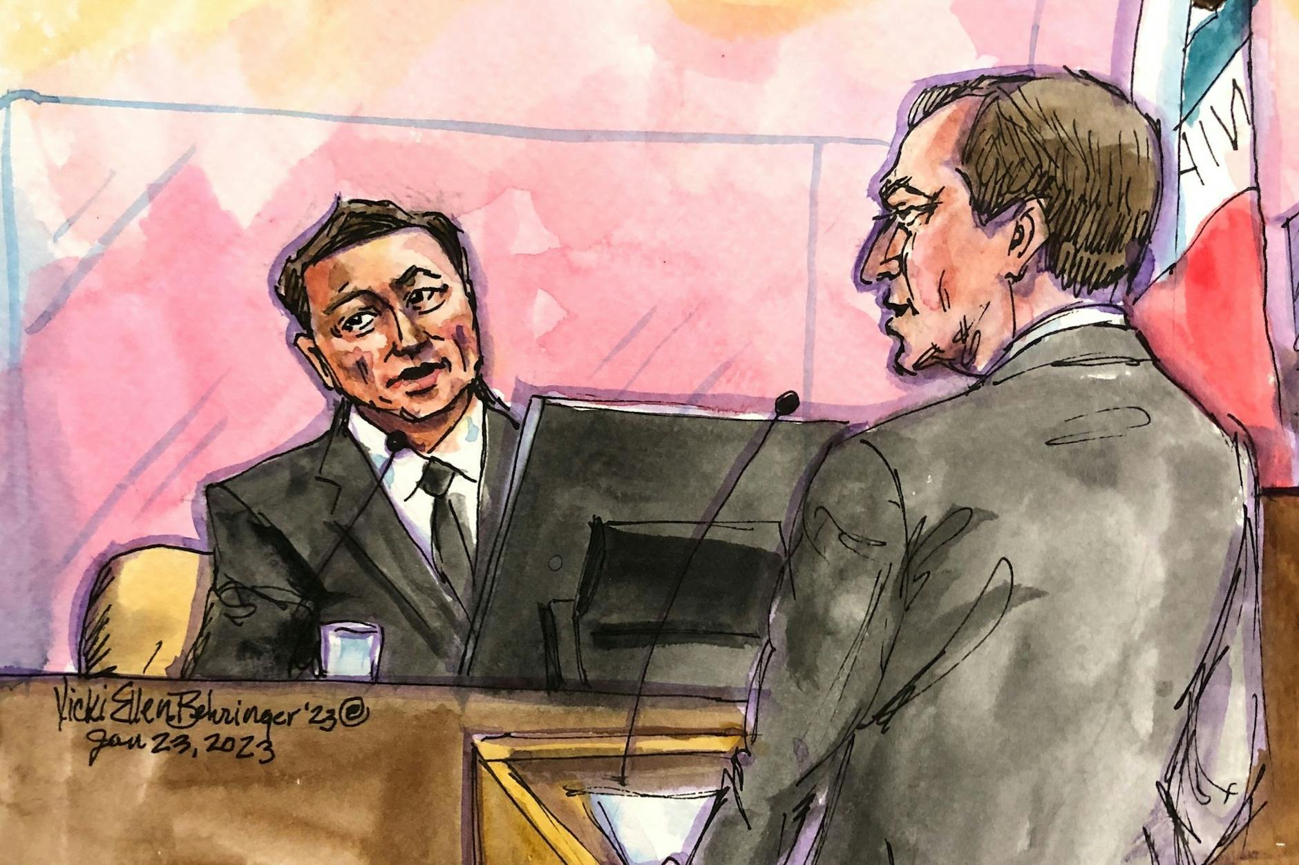 Auf dieser Gerichtssaal-Skizze ist der Unternehmer Elon Musk (l) mit Aktionärsanwalt Nicholas Porritt im Bundesgericht in San Francisco zu sehen.