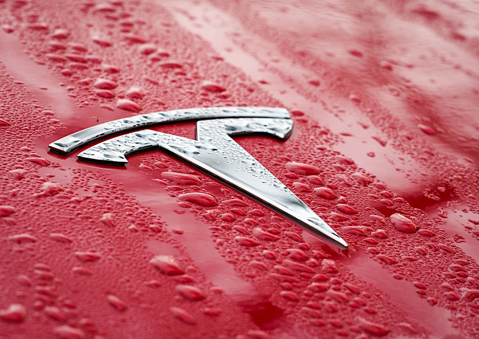 ARCHIV - Das Logo auf der nassen Motorhaube eines roten Tesla.  a/Symbolbild